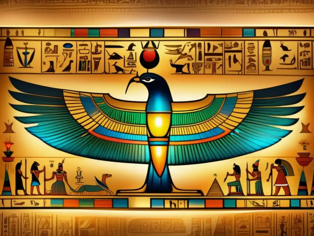 Una imagen detallada de un antiguo pergamino egipcio desplegado, iluminado por suave luz de velas