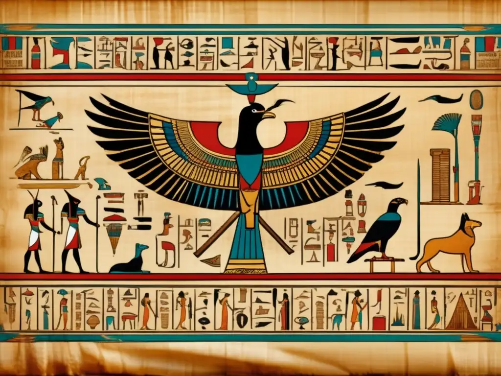 Una imagen detallada en 8k de un antiguo pergamino egipcio con jeroglíficos, revelando criaturas divinas de la mitología egipcia