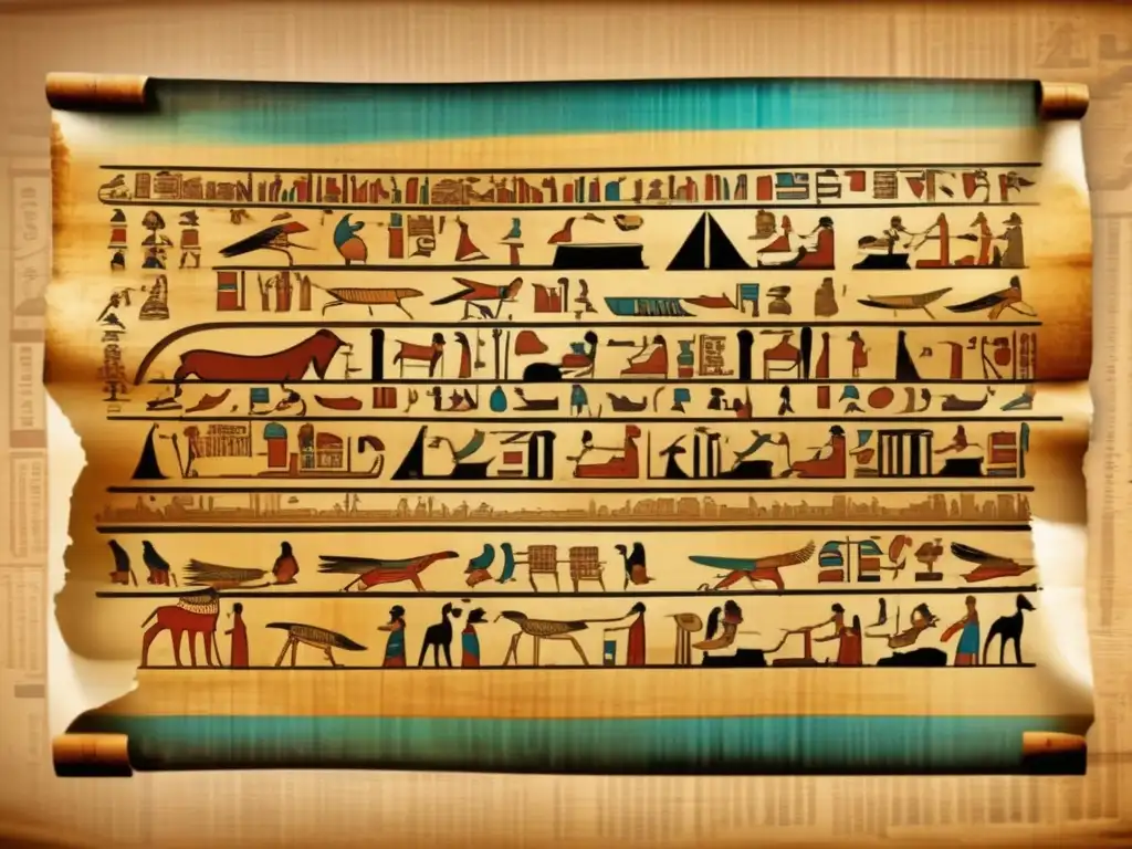 Una imagen detallada de un antiguo pergamino egipcio, con inscripciones jeroglíficas que muestran la estructura gramatical del Antiguo Egipto