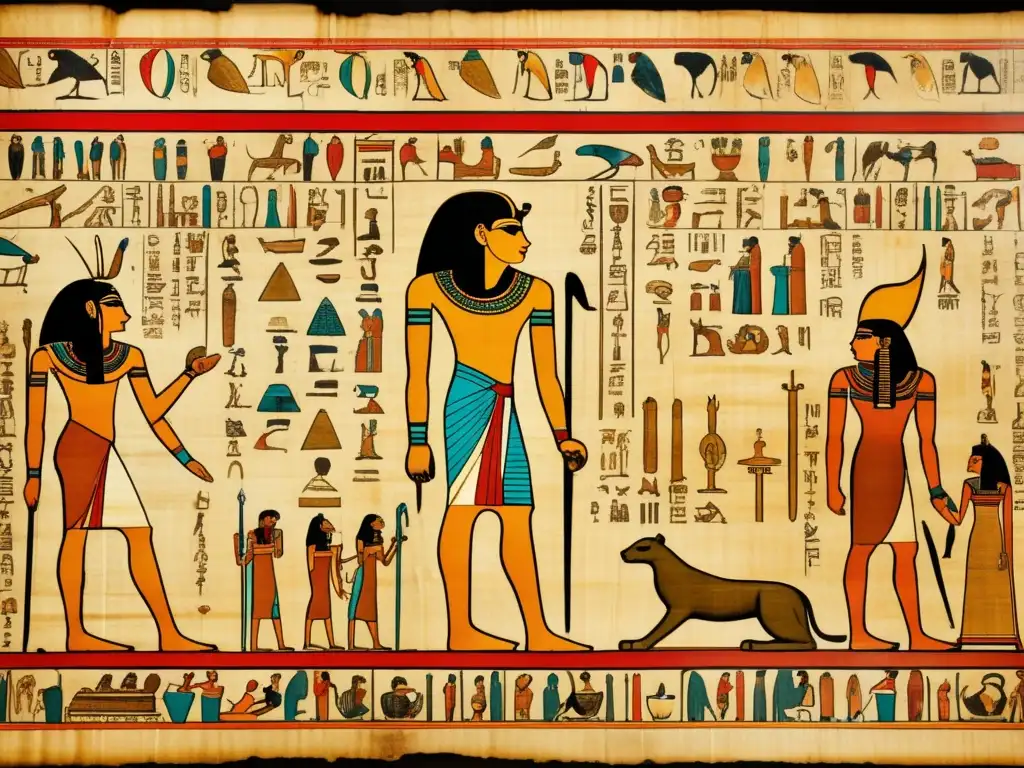 Una imagen 8K detallada de un antiguo pergamino egipcio que muestra la interpretación y tratamiento de enfermedades deformantes en el antiguo Egipto