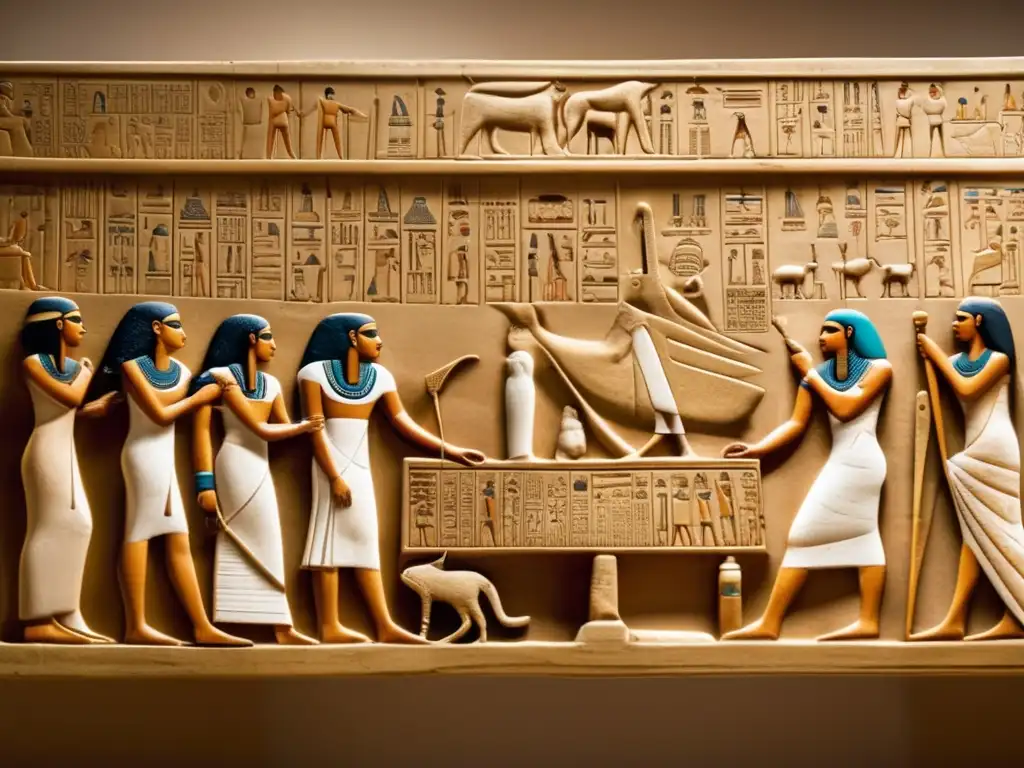 Imagen 8k detallada de un antiguo relieve egipcio que muestra médicos y eruditos en la interpretación de enfermedades deformantes