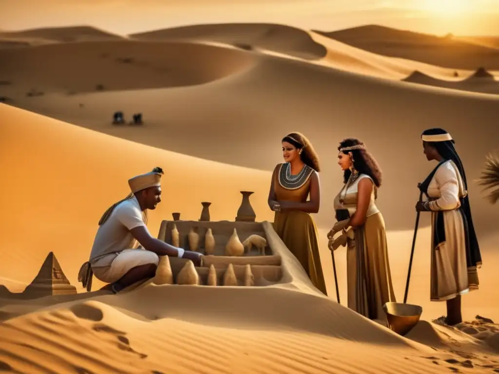 Una imagen detallada de un antiguo sitio de excavación egipcio en medio de dunas de arena dorada