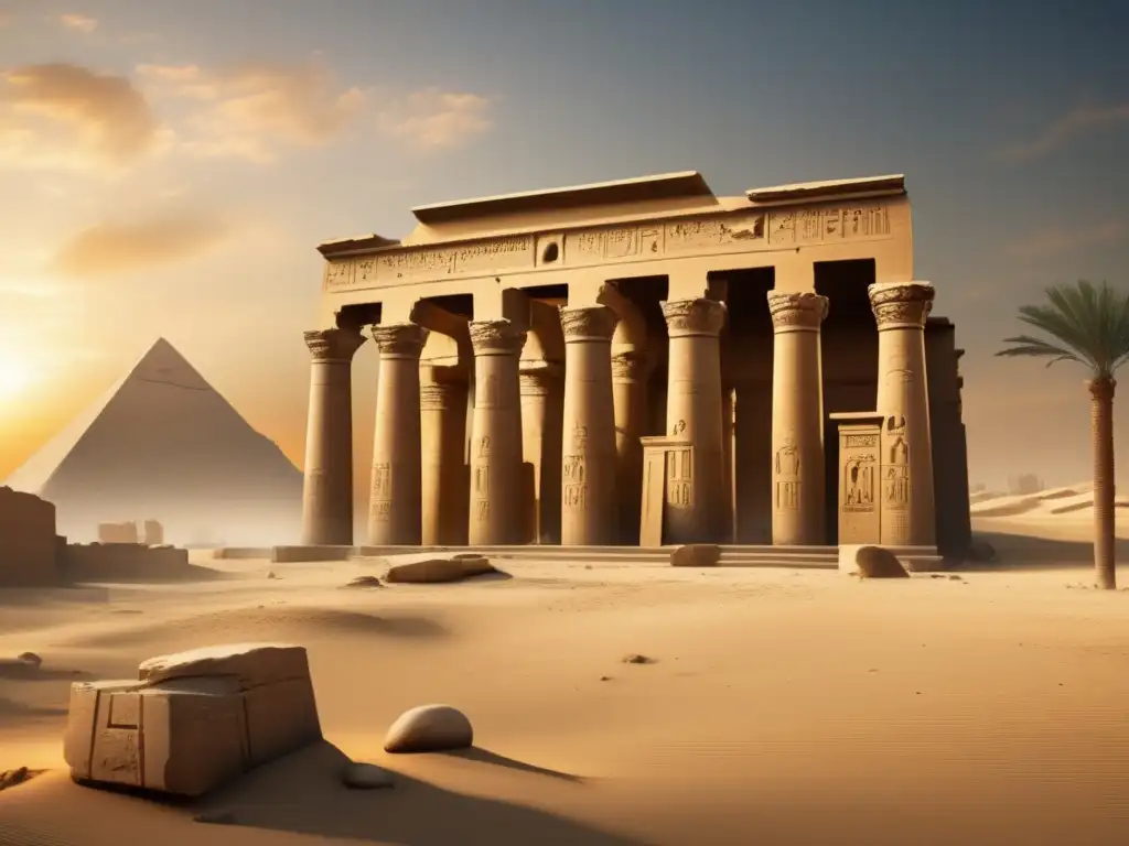 Una imagen 8k detallada de un antiguo templo egipcio en ruinas, muestra las secuelas de los conflictos en la sociedad del Antiguo Egipto
