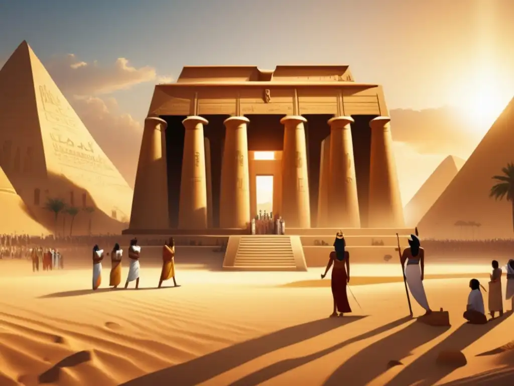Una imagen detallada de un antiguo templo egipcio, con columnas imponentes adornadas con jeroglíficos intricados