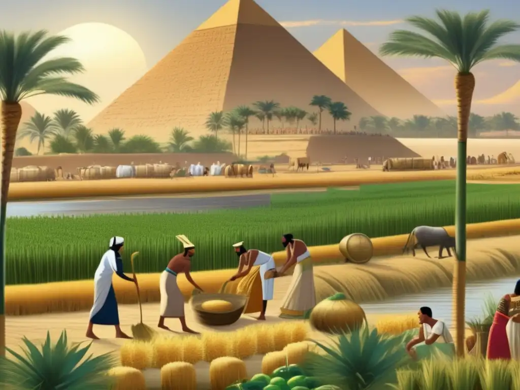 Imagen detallada de antiguos agricultores egipcios trabajando en campos exuberantes a lo largo de las orillas del río Nilo