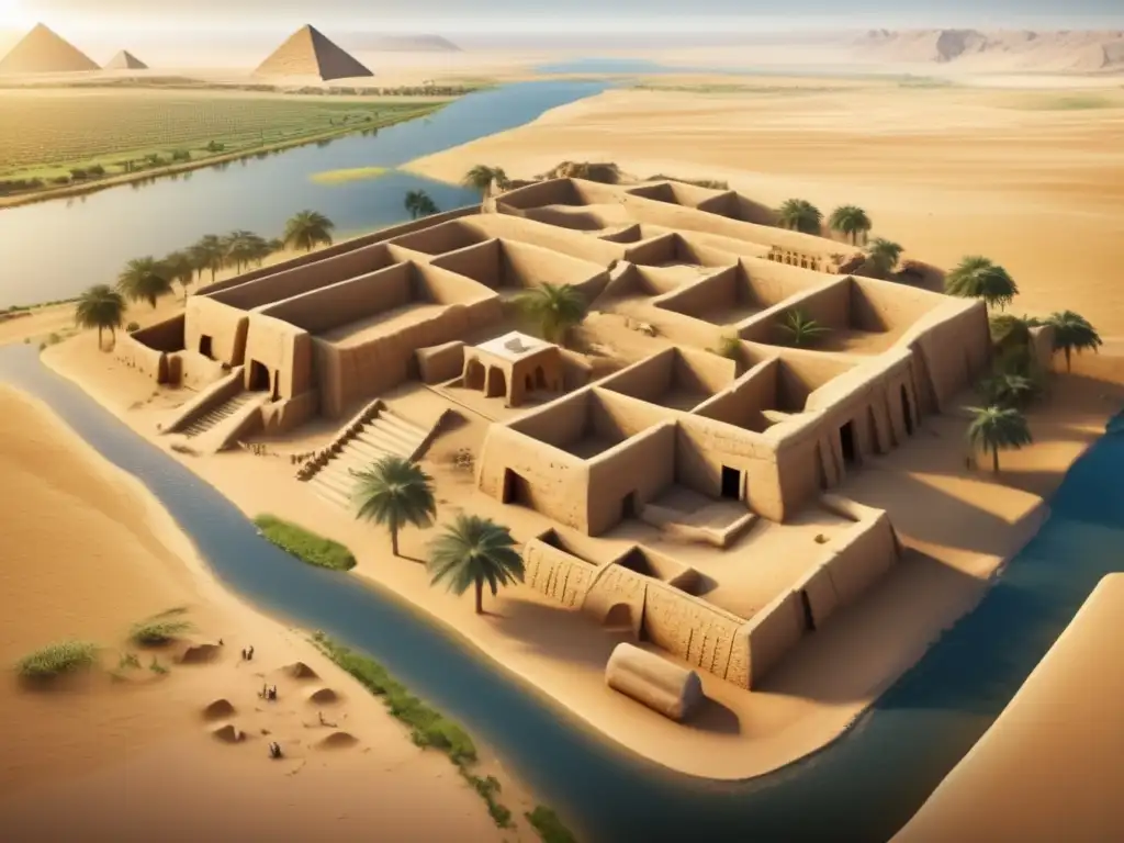 Una imagen detallada en 8k del asentamiento antiguo de Hierakonpolis en el Egipto predinástico, mostrando la arquitectura y disposición de la época