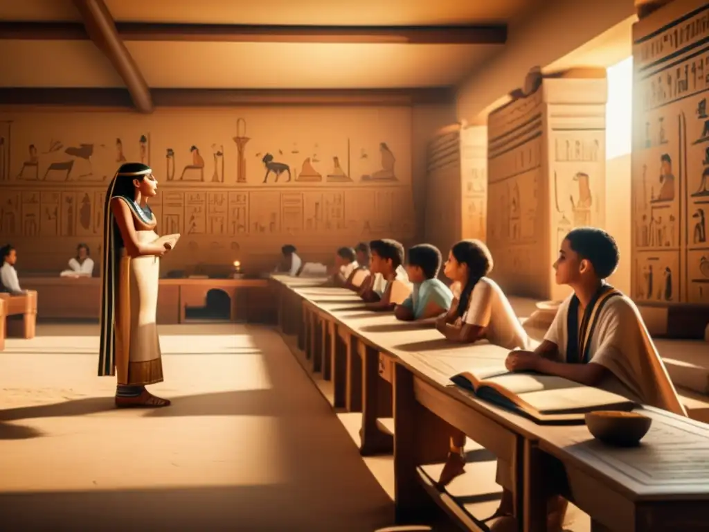 Una imagen detallada de un aula egipcia antigua, con un estilo vintage