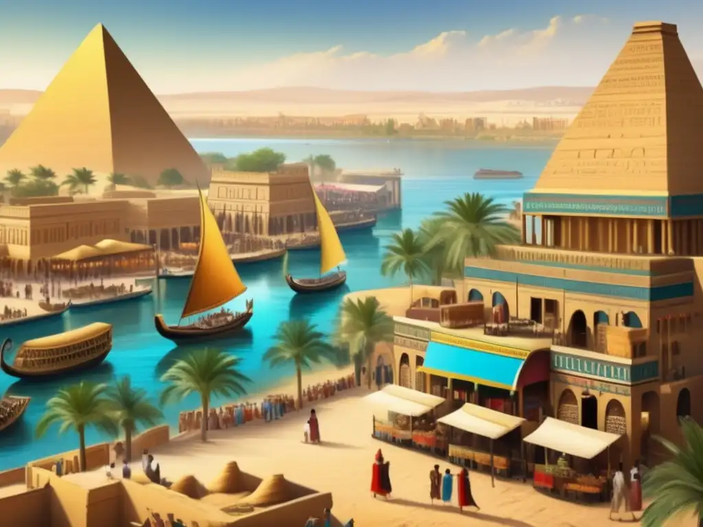 Una imagen detallada que muestra la belleza vintage del antiguo Egipto en el mercado de una ciudad nomarca
