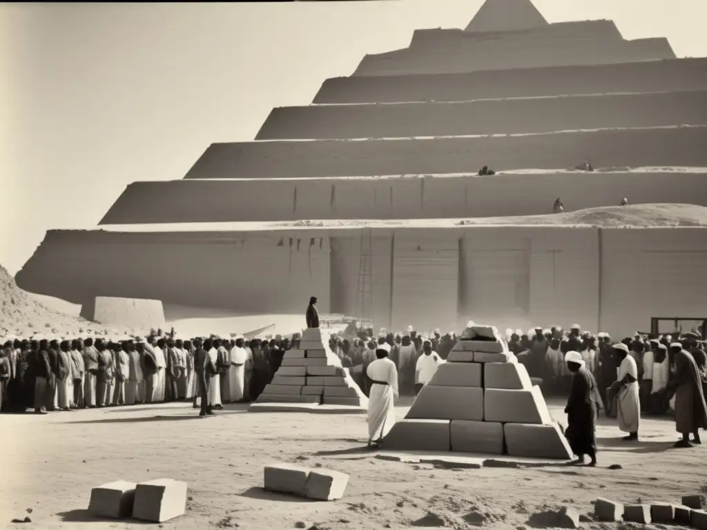 Imagen detallada en blanco y negro: trabajadores egipcios en un sitio de construcción de pirámides, utilizando antiguas técnicas de construcción