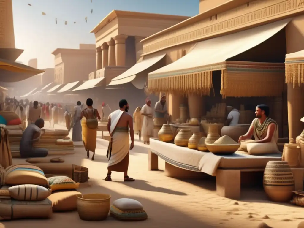 Una imagen 8K detallada muestra un bullicioso mercado egipcio antiguo con artesanos creando representaciones artísticas de la vida cotidiana egipcia