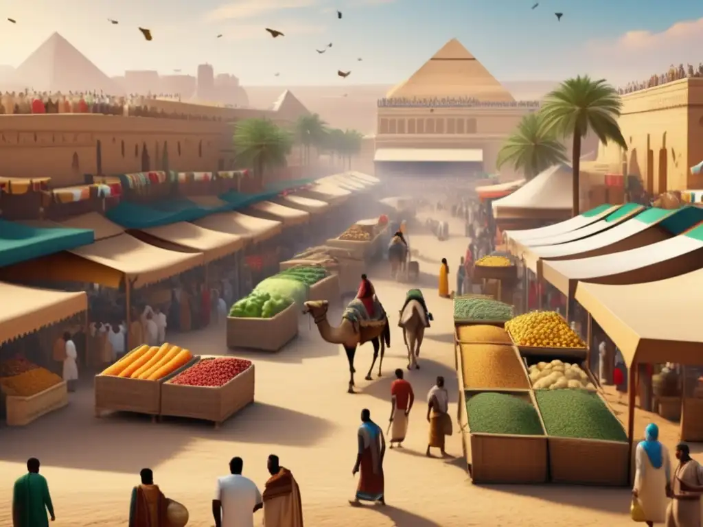 Una imagen 8k detallada muestra un bullicioso mercado en el antiguo Egipto, con comercio y agricultura en pleno apogeo