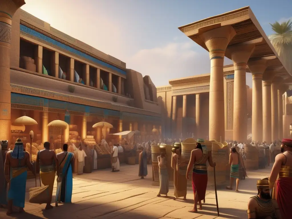 Una imagen en 8K detallada muestra un bullicioso mercado en el antiguo Egipto durante el Periodo Tardío
