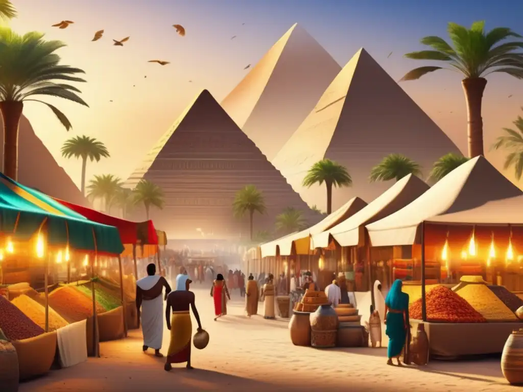 Una imagen en 8k detallada de un bullicioso mercado antiguo egipcio, rodeado de majestuosas pirámides y palmeras