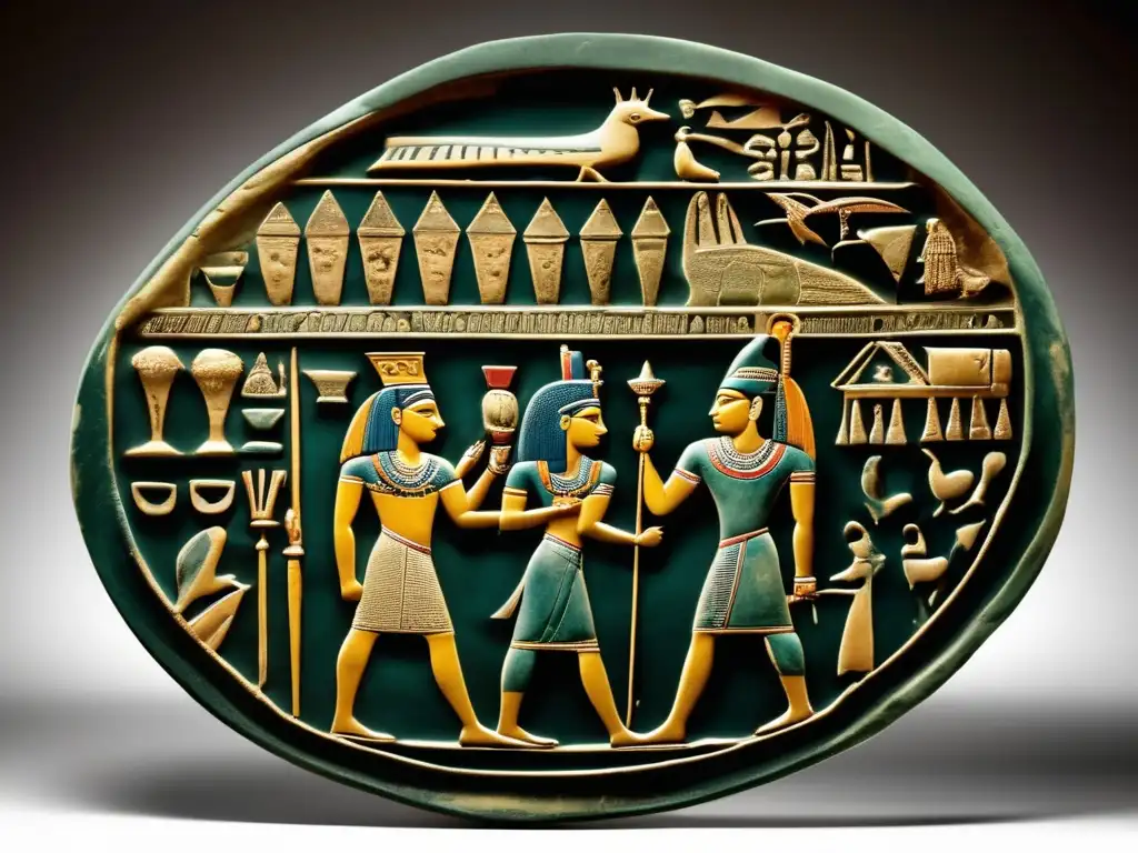 Una imagen detallada en 8k de la ceremonial Paleta Narmer, con símbolos y significado cultural