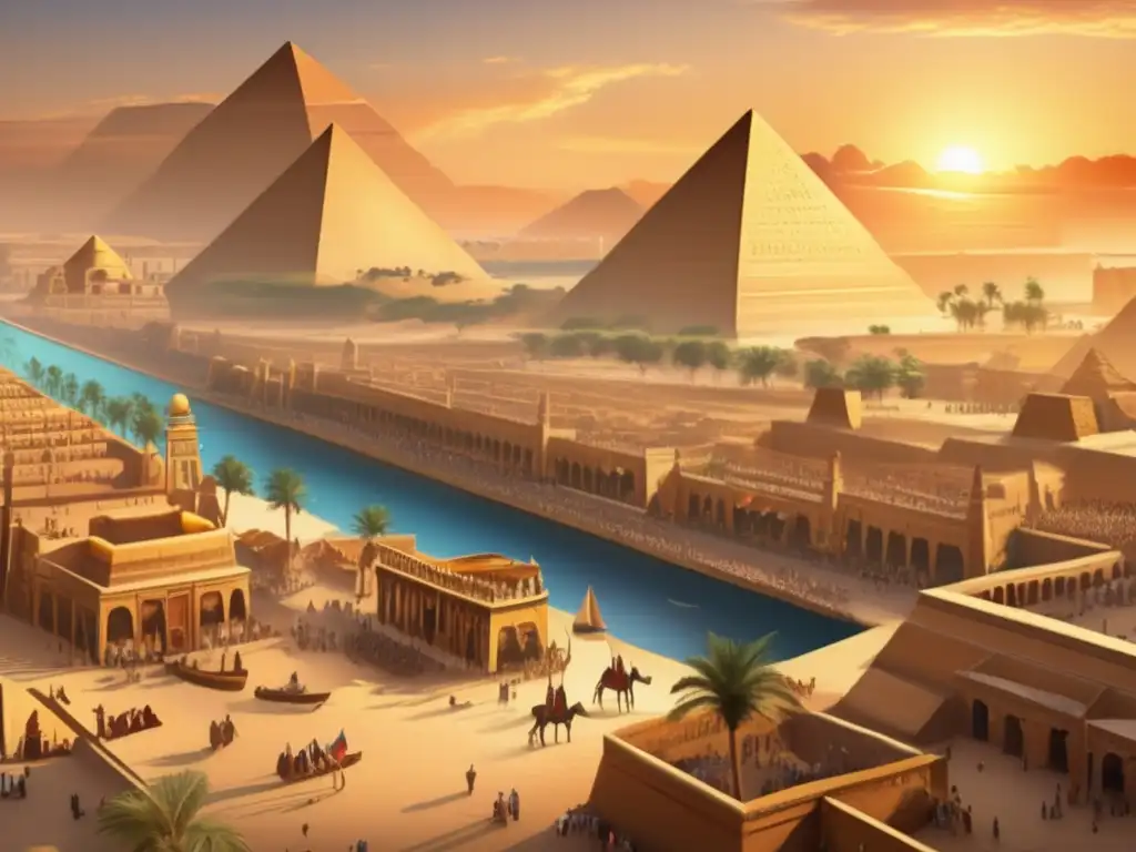 Una imagen detallada que muestra una ciudad antigua de Egipto al atardecer