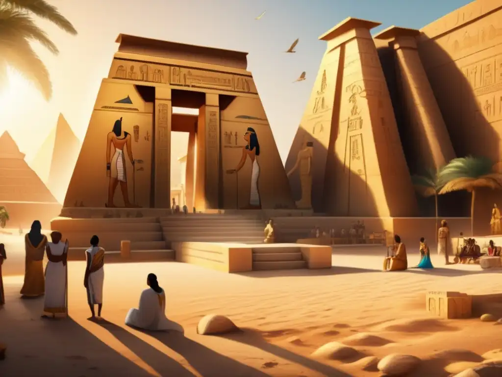 Una imagen detallada de un complejo de templos egipcios antiguos, bañados en luz dorada