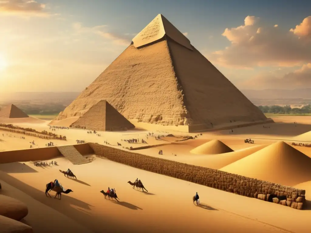 Una imagen detallada de la construcción de la Gran Pirámide de Giza, resaltando el innovador uso de rampas en la antigua construcción egipcia