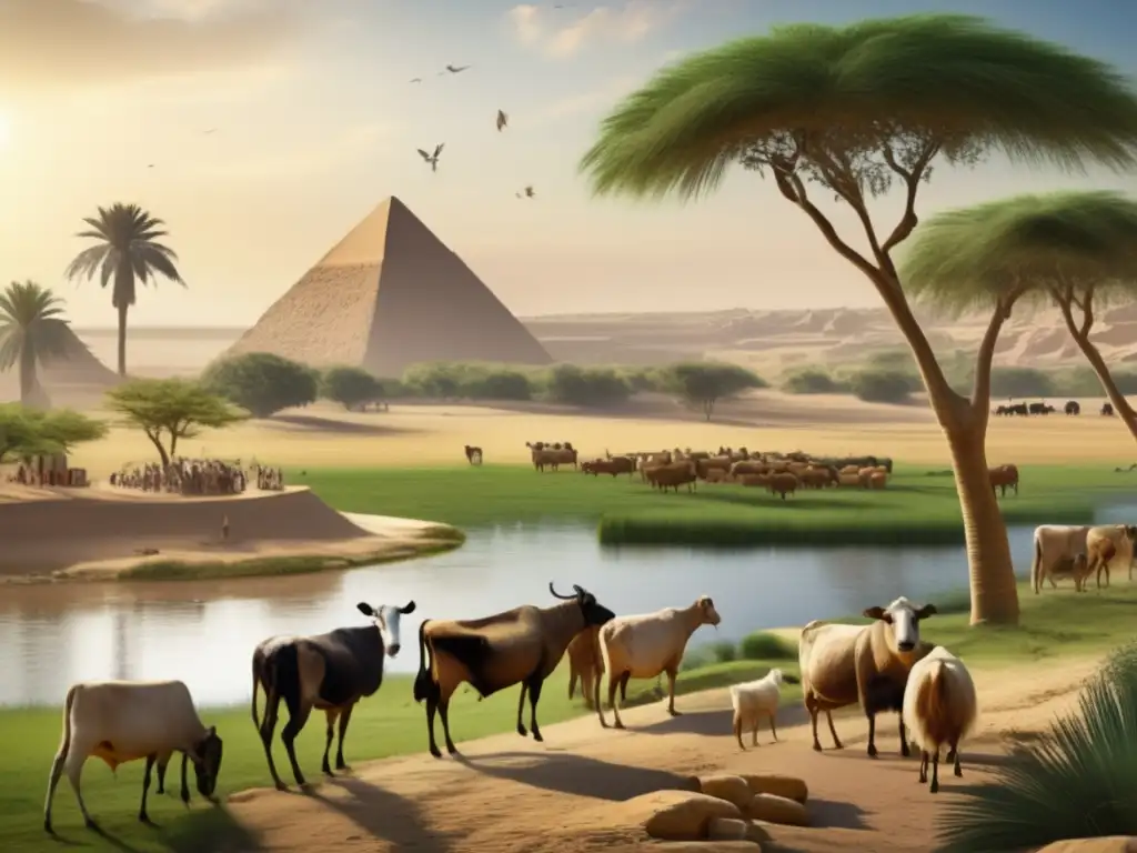 Una imagen detallada de una escena pastoral en el Antiguo Egipto, donde se destaca la ganadería y la importancia económica de la región