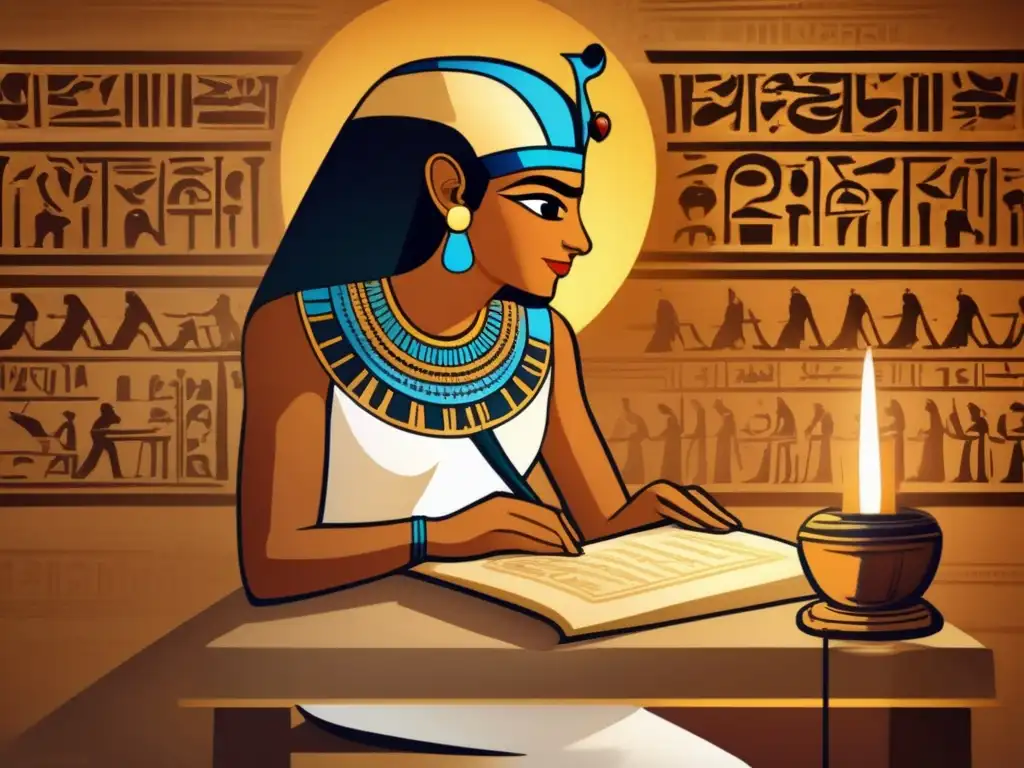 Imagen detallada de un escriba egipcio antiguo sentado en una mesa, escribiendo diligentemente en un rollo de papiro