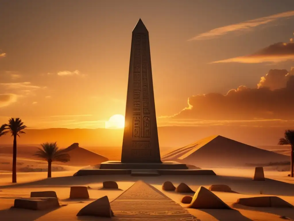 Una imagen detallada en 8k de estilo vintage muestra un obelisco de piedra tallado, destacando contra un cielo dorado al atardecer