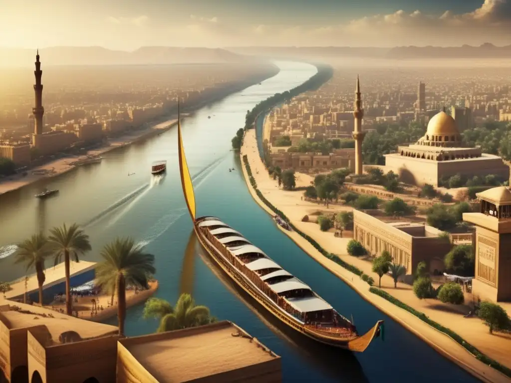 Una imagen detallada estilo vintage que muestra la bulliciosa ciudad de El Cairo, Egipto, con el icónico río Nilo fluyendo por el corazón de la ciudad