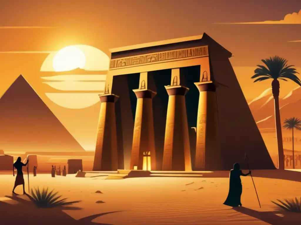 Una imagen detallada estilo vintage que muestra un antiguo templo egipcio durante el Imperio Medio