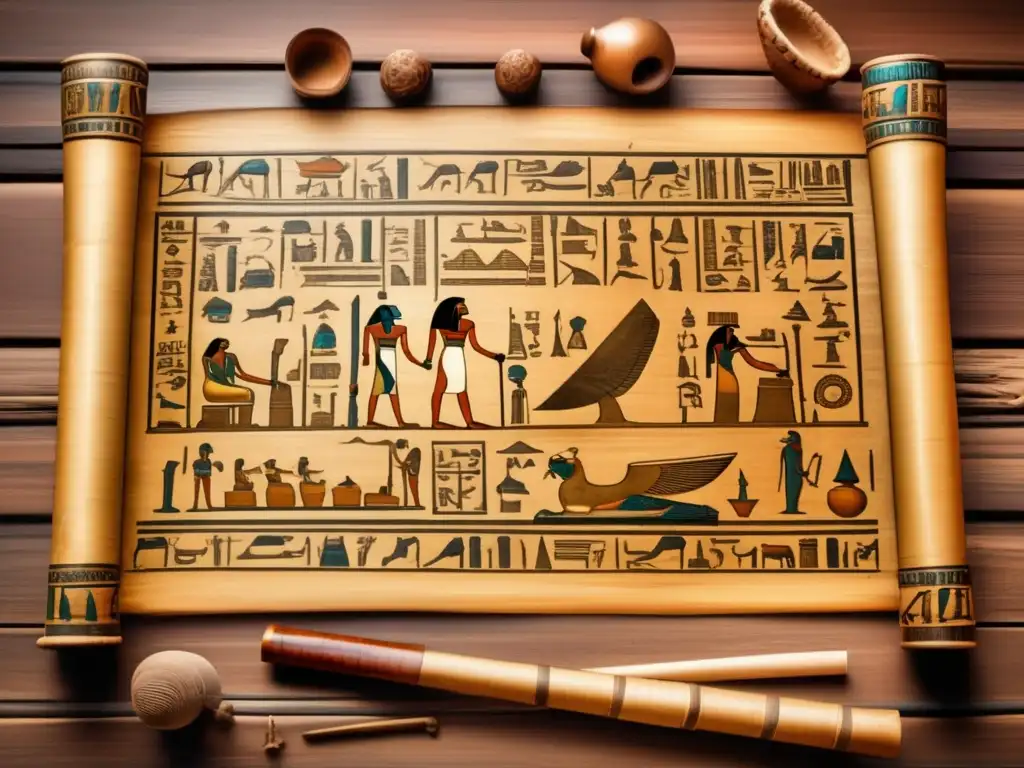 Una imagen detallada estilo vintage que muestra un antiguo pergamino egipcio desplegado en una mesa de madera