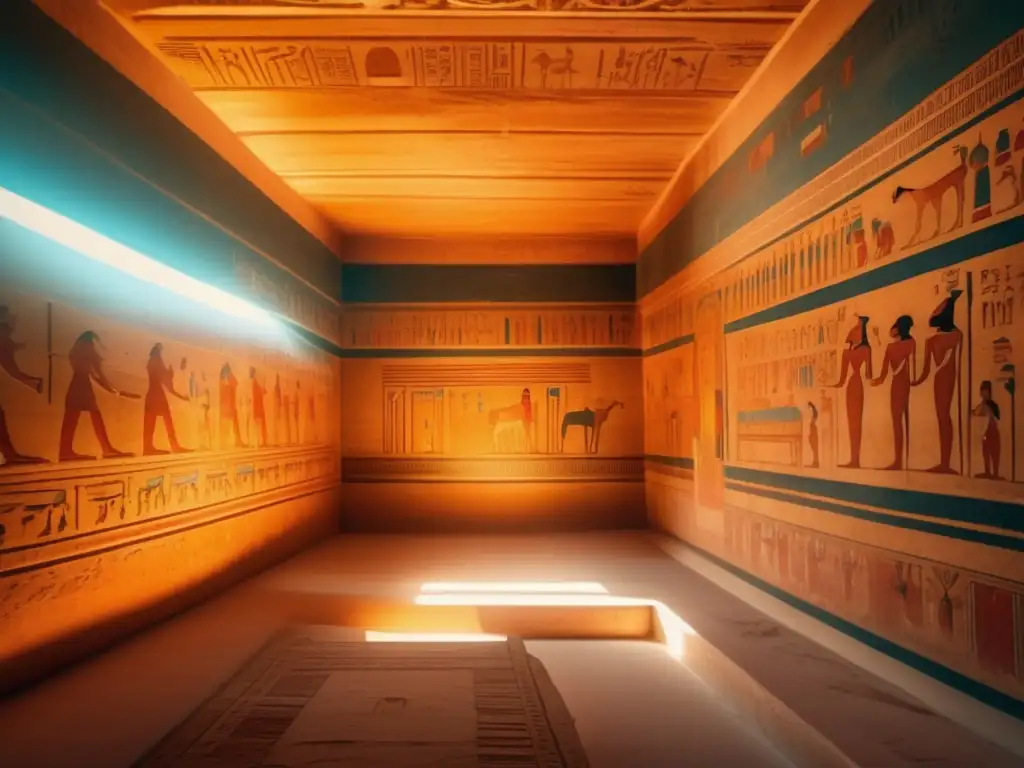 Una imagen detallada en 8k estilo vintage que muestra el interior de la tumba de la reina Hatshepsut