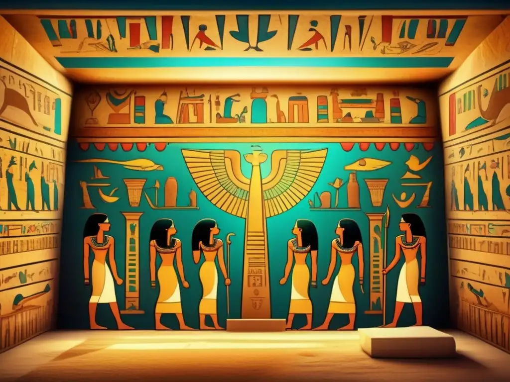 Una imagen detallada de estilo vintage que muestra una tumba egipcia antigua decorada con intrincados jeroglíficos y coloridas pinturas murales