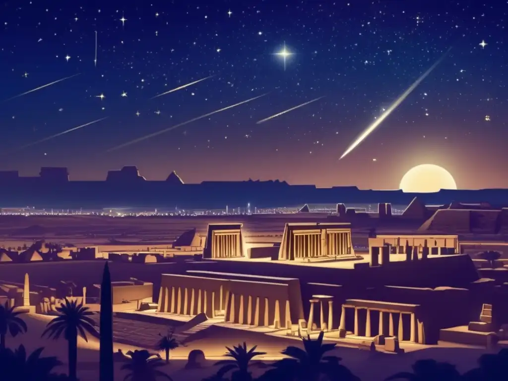 Una imagen detallada de estilo vintage que muestra un cielo nocturno despejado sobre la antigua ciudad egipcia de Tebas