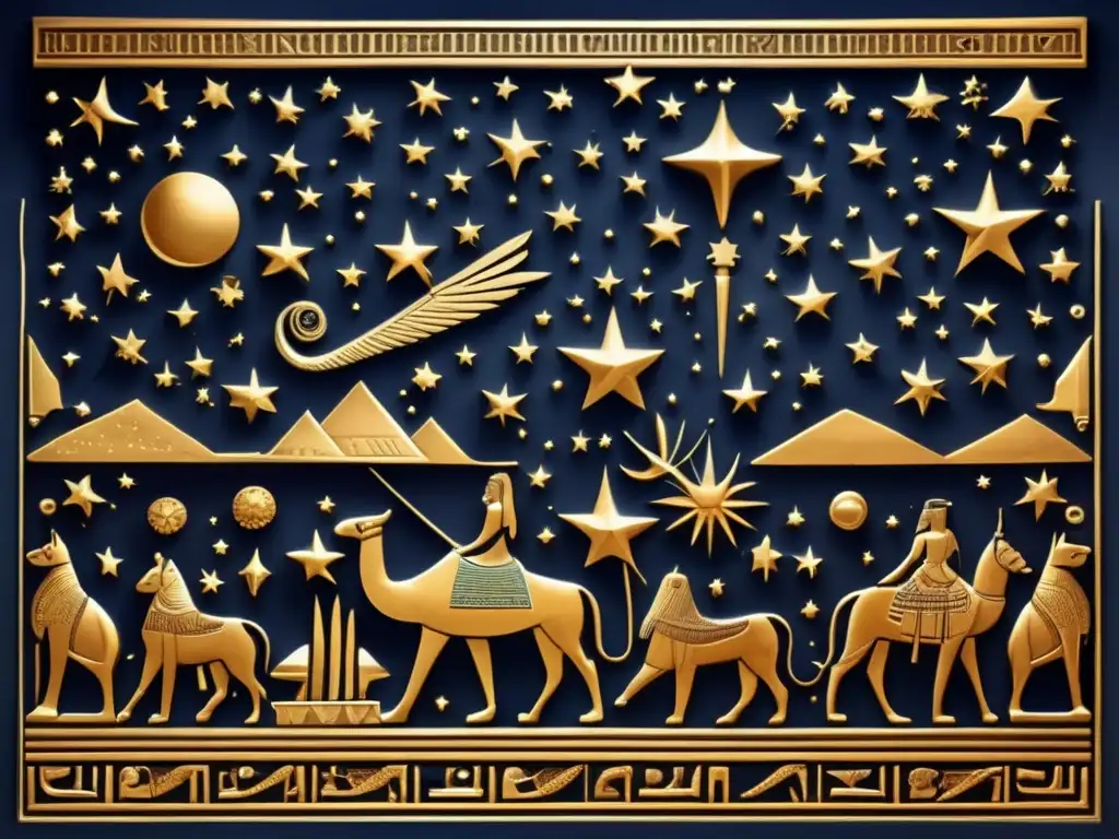 Una imagen detallada con estilo vintage que muestra un relieve tallado en el techo de un antiguo templo egipcio