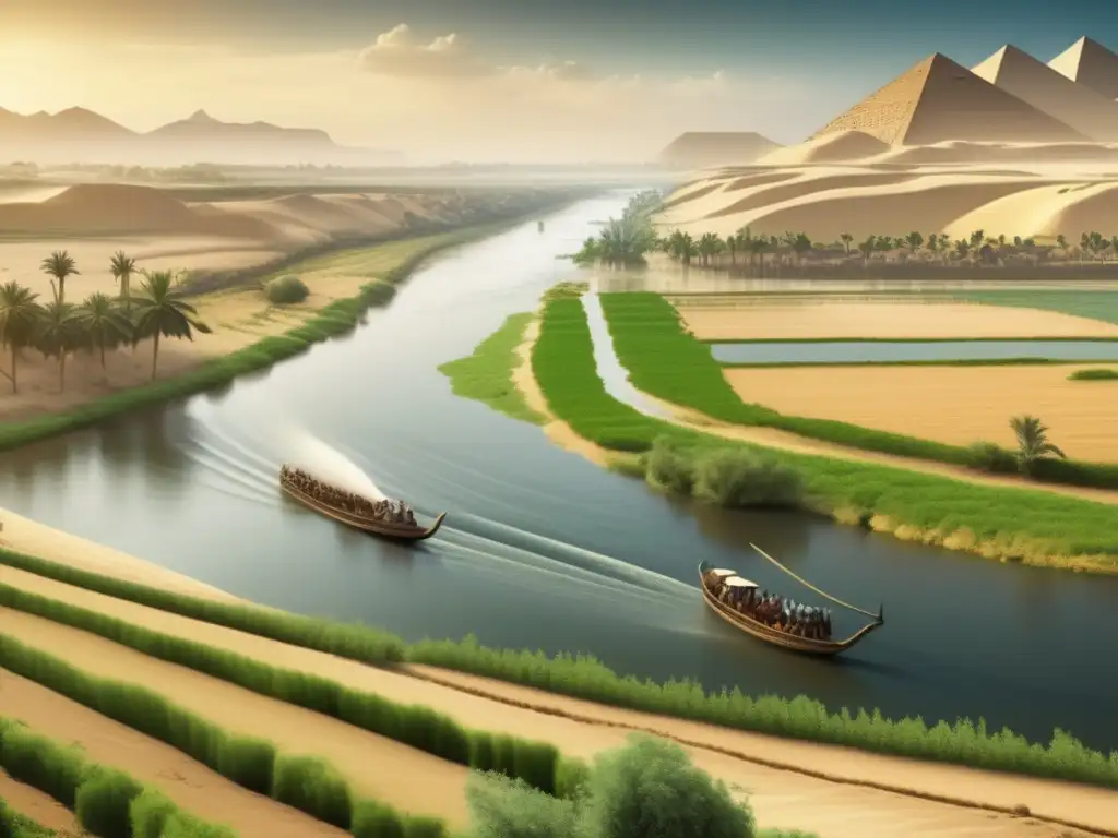 Una imagen detallada estilo vintage del río Nilo fluyendo a través de la antigua tierra de Egipto