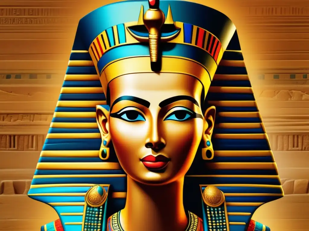 Una imagen detallada del famoso busto de la Reina Nefertiti, preservado con colores vibrantes y detalles intrincados