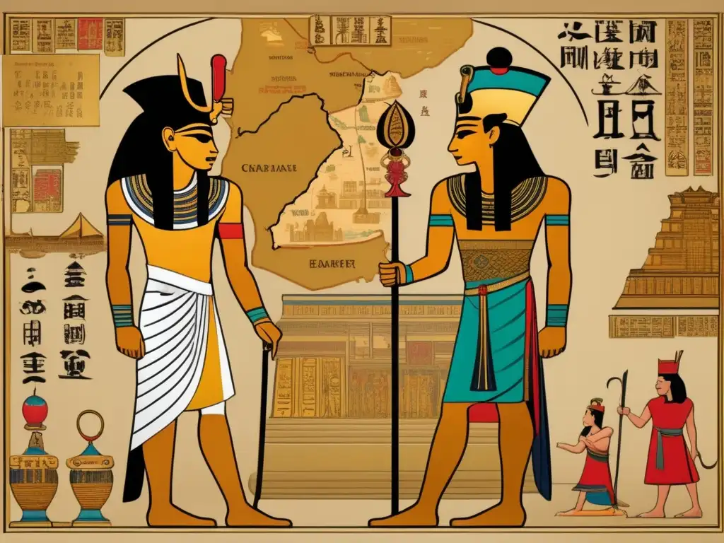 Una imagen detallada de un Faraón egipcio junto a un Emperador chino, vestidos con atuendos regios