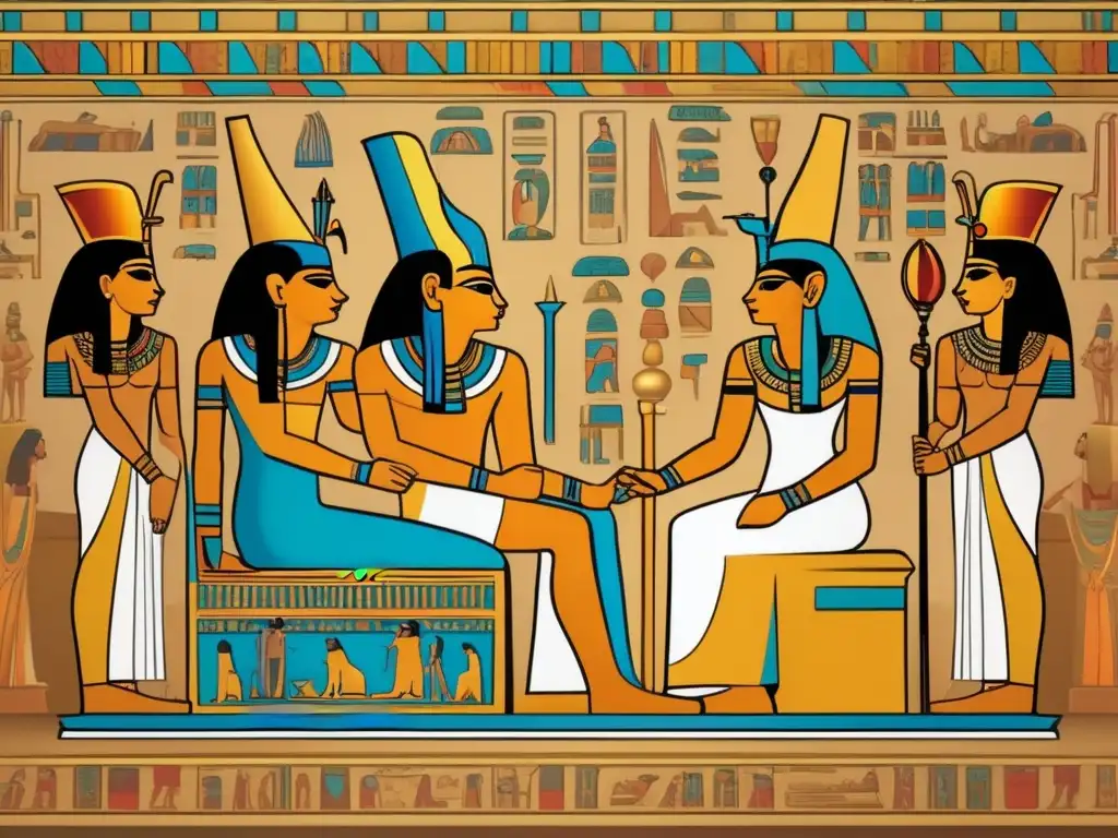 Una imagen detallada de un faraón egipcio antiguo sentado en un trono en un gran salón decorado con intrincados jeroglíficos y murales coloridos