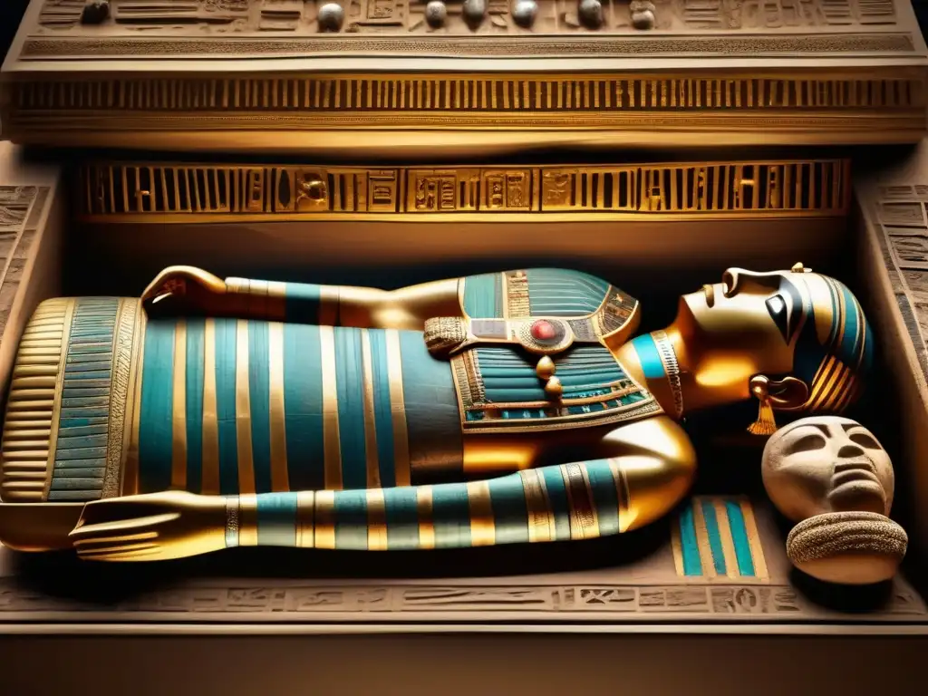 Imagen detallada de un faraón momificado en un sarcófago adornado, que data del antiguo Egipto