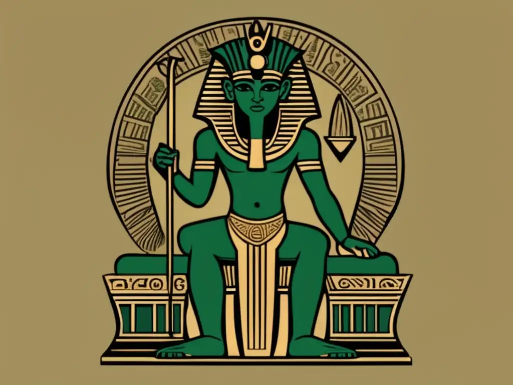 Imagen detallada de Geb, dios egipcio de la Tierra, en un trono de piedra con grabados y un paisaje exuberante