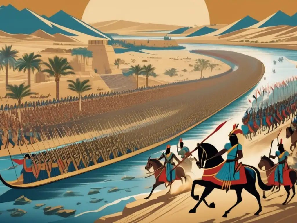 Una imagen detallada de la Gran Batalla de Kadesh en el Antiguo Egipto, con el majestuoso río Nilo de fondo
