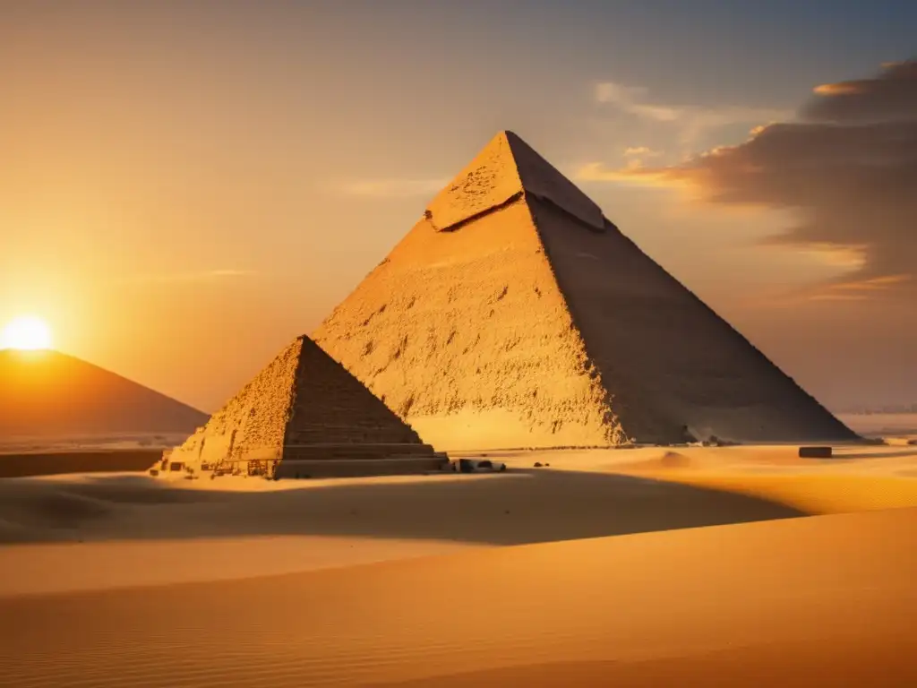 Una imagen detallada en 8K de la Gran Pirámide de Giza, majestuosamente de pie contra el telón de fondo de un amanecer dorado
