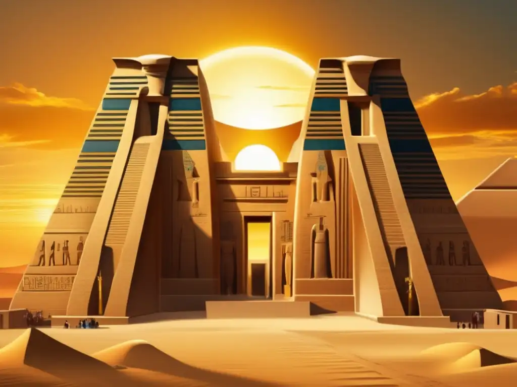 Una imagen detallada de un gran templo en el antiguo Egipto, dedicado al dios del sol Ra, se alza imponente contra un cielo dorado