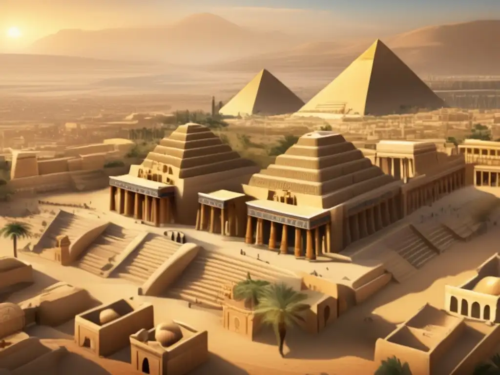 Una imagen detallada que muestra la grandiosidad arquitectónica de la antigua ciudad de Menfis, capital cultural del Imperio Antiguo de Egipto