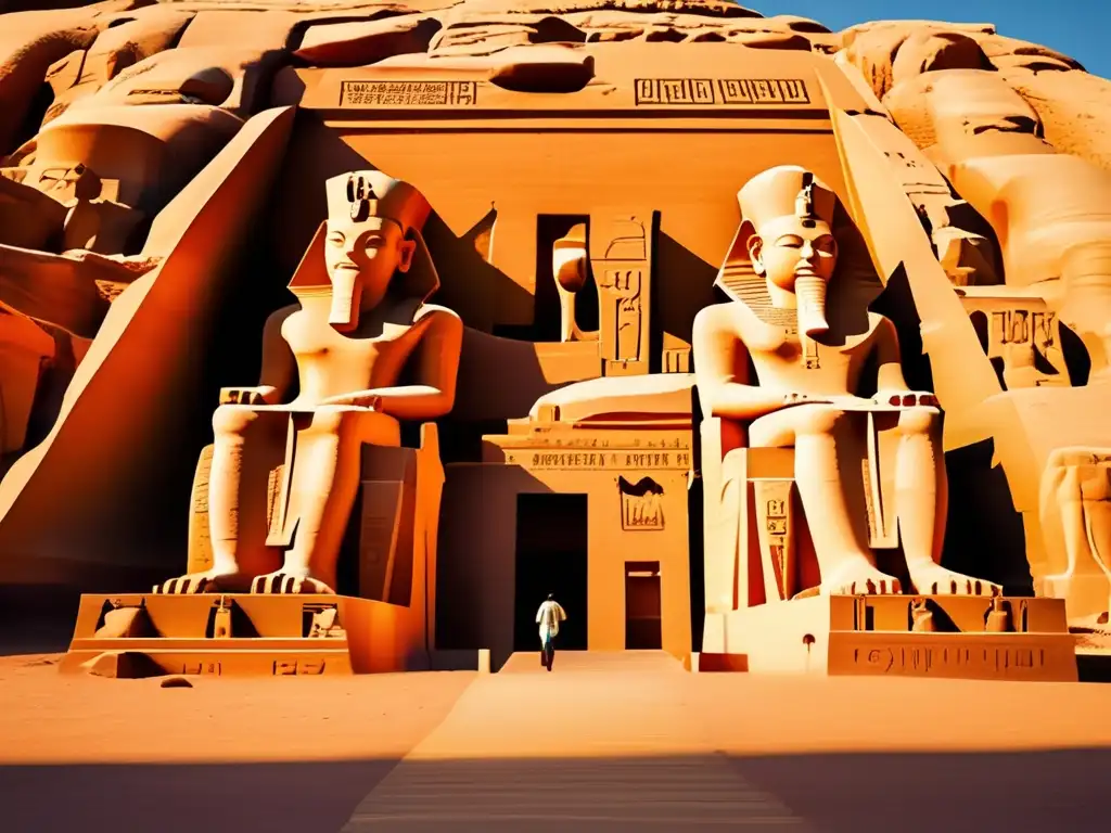 Una imagen detallada del icónico complejo del templo de Abu Simbel en Egipto durante la hora dorada del atardecer