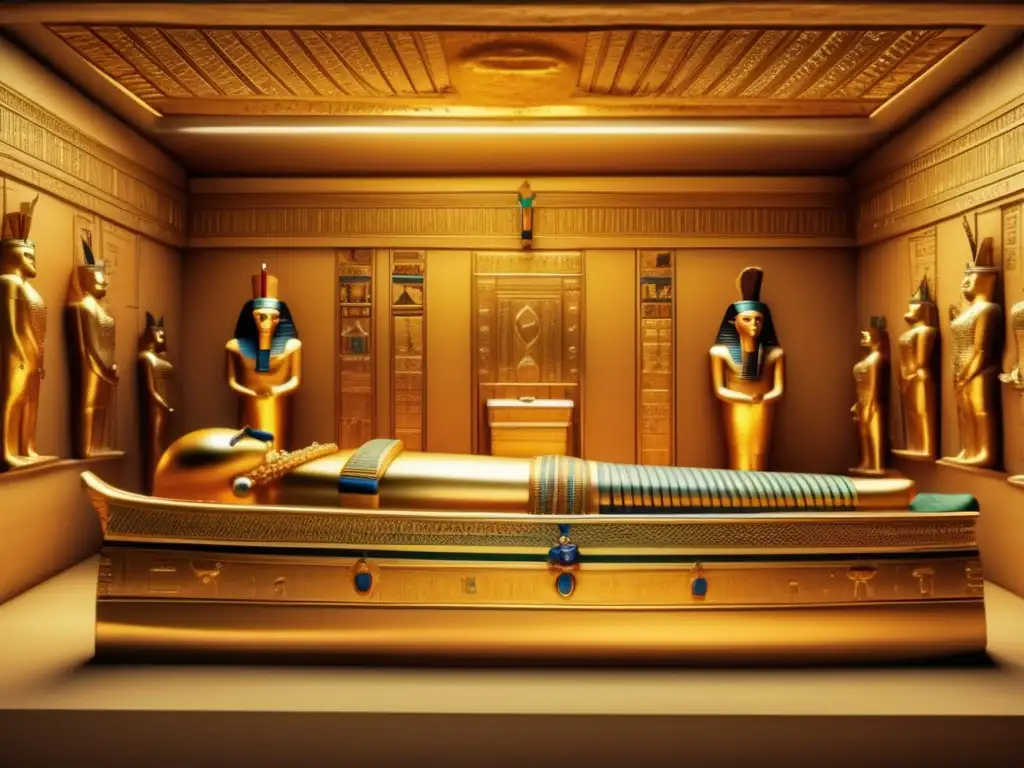 Una imagen detallada del interior de la tumba de Tutankamón, resaltando los objetos funerarios ornamentados