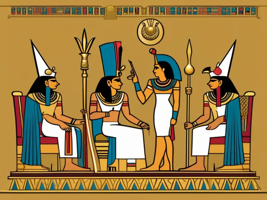 El esplendor de la diplomacia y conquista egipcia: un poderoso faraón rodeado de envoys en un palacio opulento Una imagen detallada que muestra el legado de la diplomacia y conquista de faraones en el antiguo Egipto