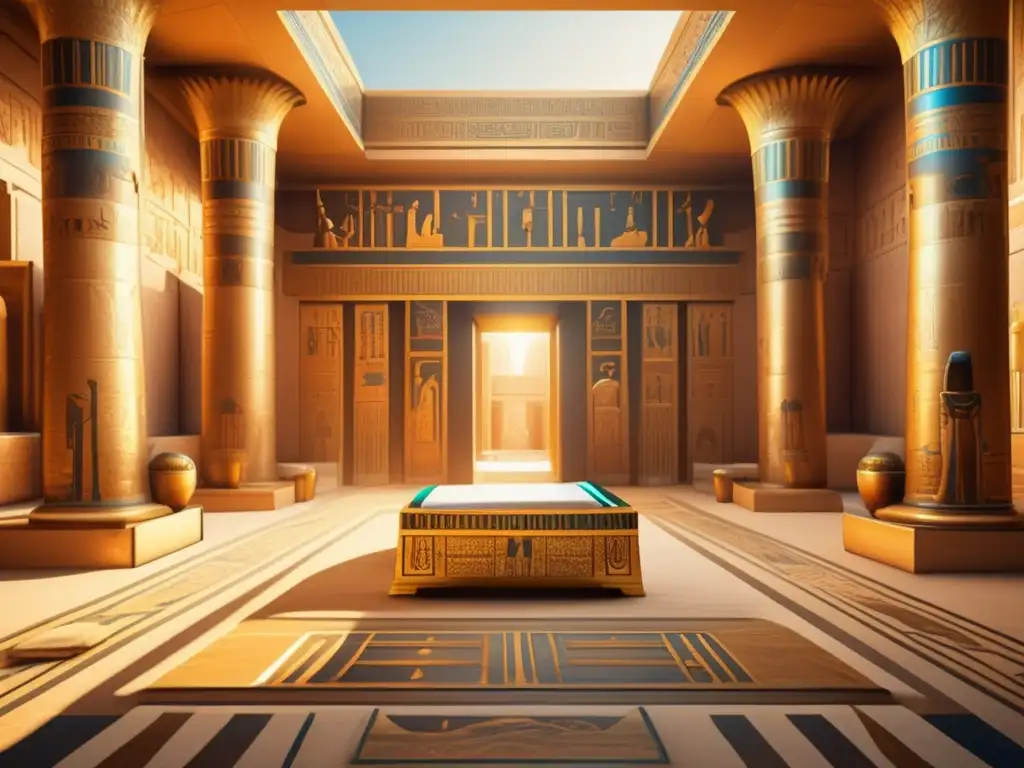 Una imagen detallada de un lujoso interior de un palacio egipcio antiguo