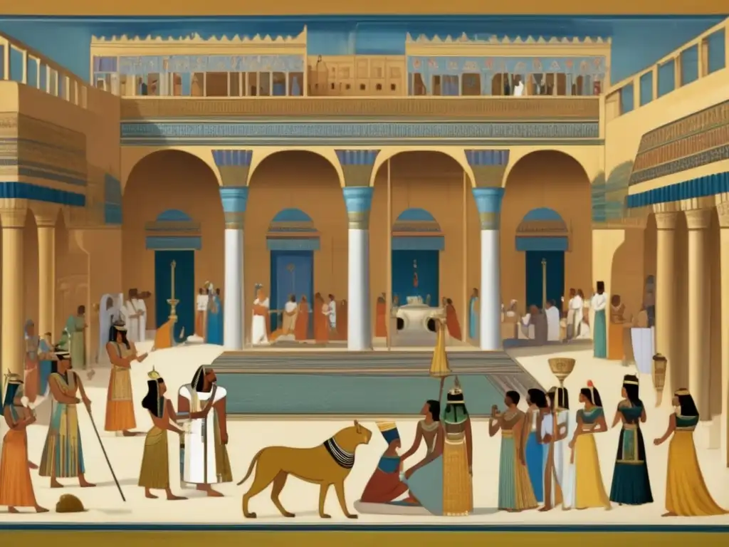 Una imagen detallada de un lujoso patio de un palacio en el antiguo Egipto, donde se representan escenas de la vida cortesana