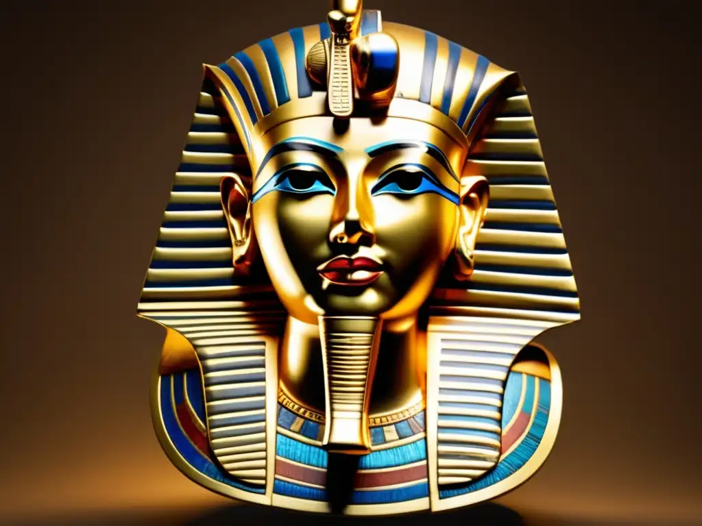 Una imagen detallada de la máscara funeraria dorada de Tutankamón brilla en un fondo oscuro y atmosférico
