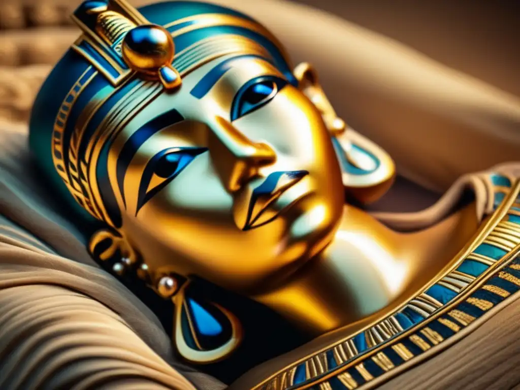 Una imagen detallada en 8k de una momia egipcia bien conservada yace en un sarcófago intrincadamente diseñado