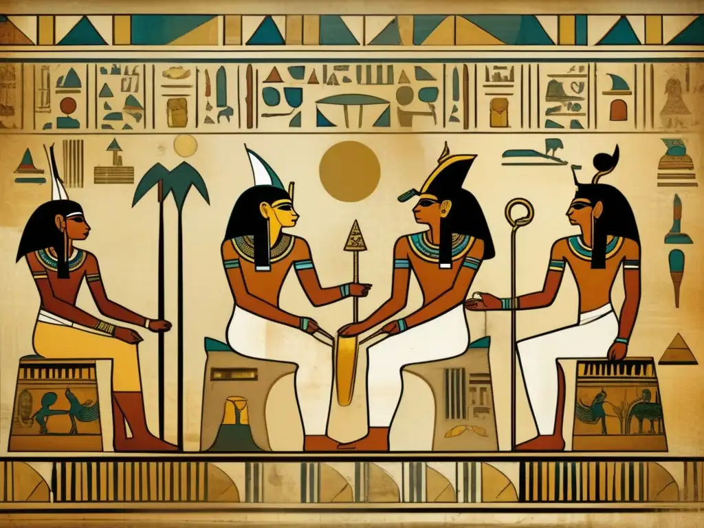 Imagen detallada de un mural egipcio vintage adornado con jeroglíficos y símbolos, que muestra la presencia del número de oro en el arte egipcio