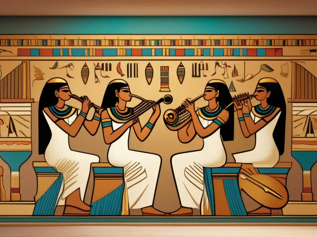 Una imagen detallada en 8k muestra un mural egipcio vintage con músicos tocando instrumentos tradicionales